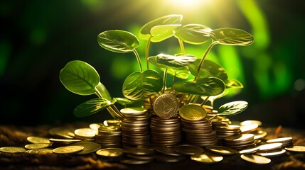 Wall Mural - Illuminated Money Plant with Stacked Coins, Vibrant, Soft Light, Glow, Finance