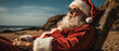 Portrait of santa claus relaxing in armchair on beach.