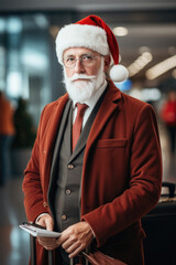 Portrait of senior businessman in Santa Claus hat with suitcase at airport.