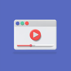 Online video. Browser with play tutorial button. Distance training, streaming, webinar, conference videos. 3d vector icon