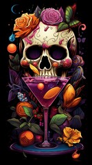 Poster - A skull in a cocktail glass surrounded by flowers