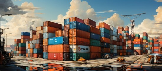 Cargo trucks pass through stacks of containers at the port