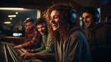 Fototapeta  - Photo of a diverse group of young adults collaborating in high-tech music studios, recording an inspiring song, smiling and enjoying the creative process