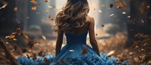 Fantasy Woman Walking In Autumn Forest. An Elegant Blue Dress Fluttered In The Wind. Faceless