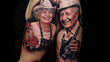 concept of valentine's day, love, old age, fidelity. hands of an elderly couple close-up. The lovers got a heart tattoo as a sign of love for each other.