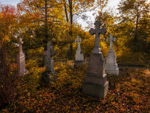 Fairy Tale Cemetery In Golden Tones. Graves And Crosses Among The Trees. Old Abandoned Burial Places Of People.