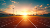 Fototapeta  - Athletics running track in the stadium at sunset. Sport and competition concept. Copy space.
