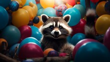 A Mischievous Raccoon Peeking Out From A Cluster Of Vibrant Balloons In A Backyard.