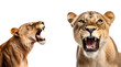 Collection of Aggressive-Looking Roaring Lioness Portraits, Isolated on Transparent Background, PNG
