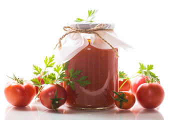 Poster - Cooked homemade tomato juice canned in a jar of natural tomatoes.