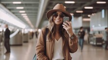 Casual Relax Traveller Woman Enjoy Video Calling With Family And Her Friend Before Travel Tour Trip Woman Roam Alone Travel Walking In Airport Terminal Or Train Station Hub Platform Travel Concept