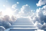 Fototapeta Przestrzenne - Stairway to Heaven.Stairs in sky. Concept with sun and white clouds. Concept Religion background