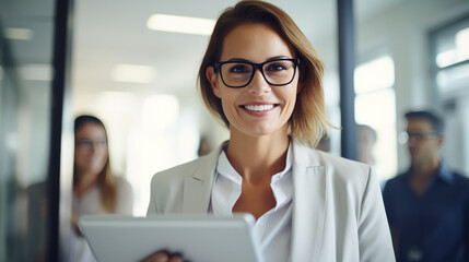 Poster - A young businesswoman stands in an office with a tablet in her hands.