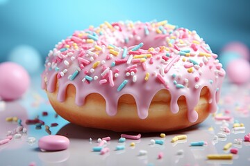 Wall Mural - A delightful pink glazed donut is showcased on a blue surface, covered in sprinkles and generously glazed with pink cream