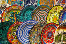 Dishware For Sale, Colorful Plates In Rows Displayed In A Shop In The Spice Bazaar In The Fatih District; Istanbul, Turkey