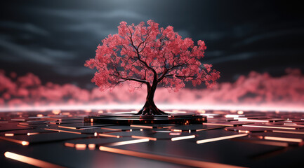 Poster - Solitary tree with radiant pink leaves standing on a geometric, metallic surface against a dark backdrop.