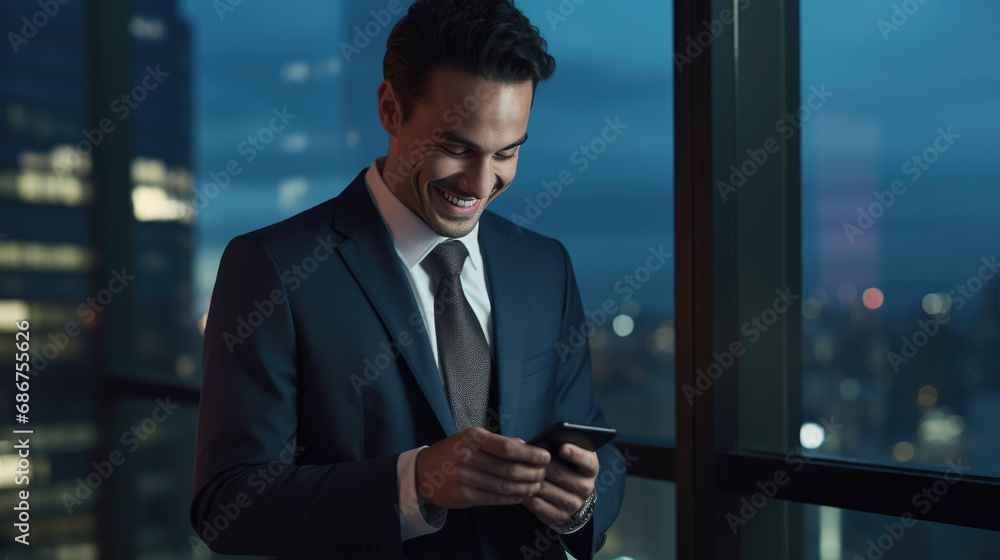 Smiling man in a business suit is looking at his smartphone against ...