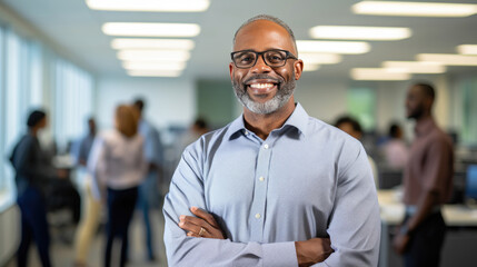 Wall Mural - Smiling businessman standing in front of team in the office