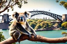 **koala On A Branch With Sydney Harbour  Bridge Background Generative Al