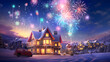 Christmas and New Year holidays background. Beautiful winter landscape with a Christmas tree, houses and fireworks.
