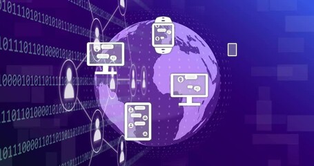Wall Mural - animation of flowchart, application icons, binary codes and rotating globe over abstract background