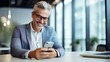 Happy business man holding phone using cellphone in office. Smiling professional businessman executive using smartphone cell mobile apps on cellphone working sitting at desk. generative AI