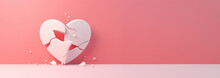 Broken Heart 3D Animation Pastel Pink Colored Isolated On Pink Background, Divorce, Depression And Breakup Concept, Crying, Medical Cardiovascular Health Care Problems Concept With Copy Space