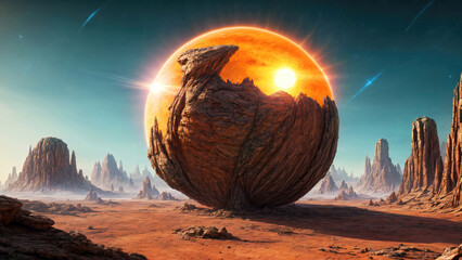 Wall Mural - landscape of an alien planet, beautiful view of red desert on another planet, fictional sci-fi backg