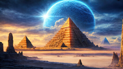 Wall Mural - alien planet landscape, view of another planet with ancient pyramids in the desert, remnants of an a