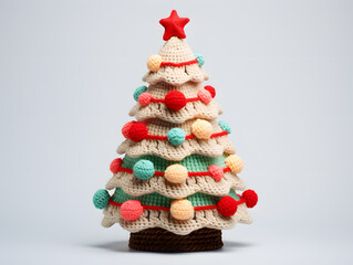 Colourful Christmas tree made of wool knitted clothes on a white background