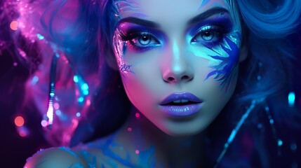 Wall Mural - beautiful fantasy woman with fairy tale purple and blue neon glow makeup, fashionable female with fairy make-up, beauty and fashion portrait