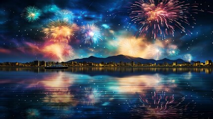 Wall Mural - Glittering Fireworks Over Reflective Water, Water Surface, Celebration, Explosive, Festive