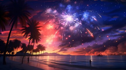 Wall Mural - Glowing Fireworks Lighting Night Horizon, Lighting Up, Celebration, Explosive, Festive