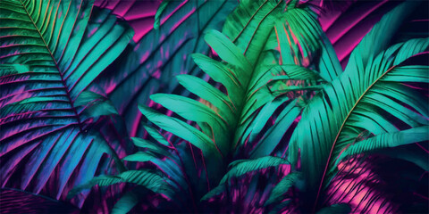 Tropical exotic floral botanical green blue pink neon gradient palm leaves banner background wallpaper design.Floral frame.Jungle surface.Botanical greenery illustration.Card template.Decoration 