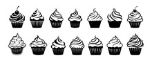 Set of black cupcakes, muffin logo. Pastry shop logo. Vector illustrations isolated on white background. Can be used as icon, sign or symbol - cupcake silhouette, cake, sweet pastries, muffin.