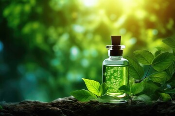 Glass cosmetic bottle in summer forest with leaves background