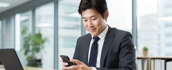 Wall Mural - Happy japanese business man holding phone using cellphone in office. Smiling professional asian businessman executive using smartphone cell mobile apps on cellphone working sitting at desk. generative