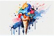 Colorful watercolor style summer ice-cream illustration featuring an array of ice cream scoops nestled in a wafer cone.