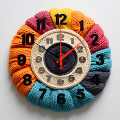 Clock face made of colourful Christmas knitted yarn on white background. Time concept