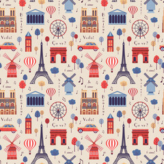  Paris Famous Landmarks Vintage Pattern