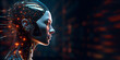 Side view of futuristic female robot head with wires attached to her brain glowing with warm light. Future of artificial intelligence concept. Blurred data center as dark background. Copy space.