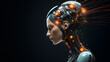 Beautiful female humanoid robot head with wires attached to her brain. Future of artificial intelligence concept. Profile side view on dark background with copy space.