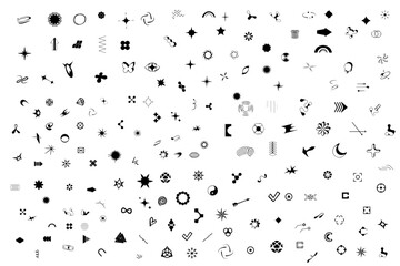 Y2k elements. Geometric brutalism forms sticker. Retro futuristic elements for design. Starburst sunburst icons. Templates for notes, posters, banners, stickers, business cards, logo