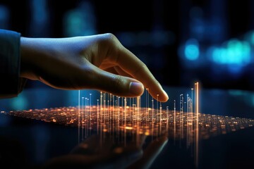 Poster - Finger touching hologram data graph chart with graph hovering in the air, holographic surface,