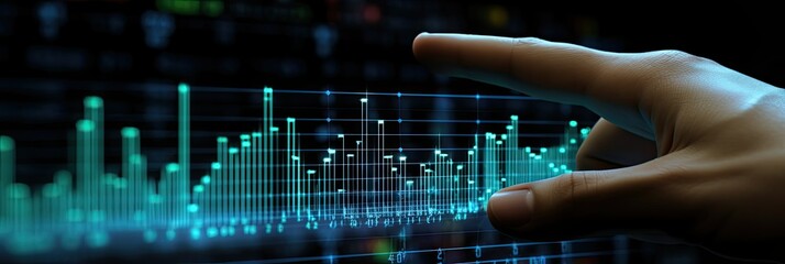 Poster - Finger touching data graph chart displayed on transparent screen, Hologram business graph chart