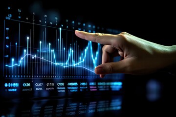 Leinwandbilder - Finger touching data graph chart displayed on transparent screen, Hologram business graph chart