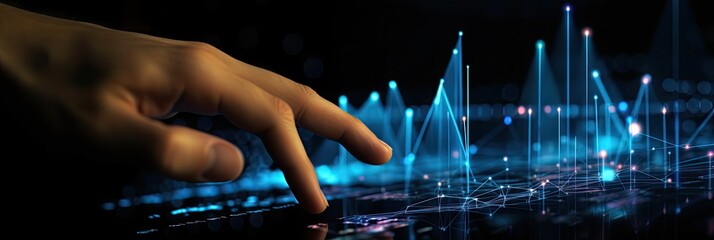 Leinwandbilder - Finger touching data graph chart displayed on transparent screen, Hologram business graph chart