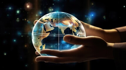 Aufkleber - Hand holding hologram internet data planet, holographic Earth glowing data cradling globe