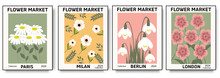 Set 1970 Flowers Market Poster. Trendy Botanical Wall Arts With Floral Design In Bright Colors. Modern Naive Groovy Funky Interior Decorations, Paintings. Vector Art Illustration.