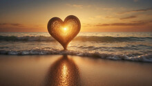 A Built Heart In The Sand Of A Beach At Sunset. A Love And Valentine's Day Concept. Background, Greeting Card. Wedding.